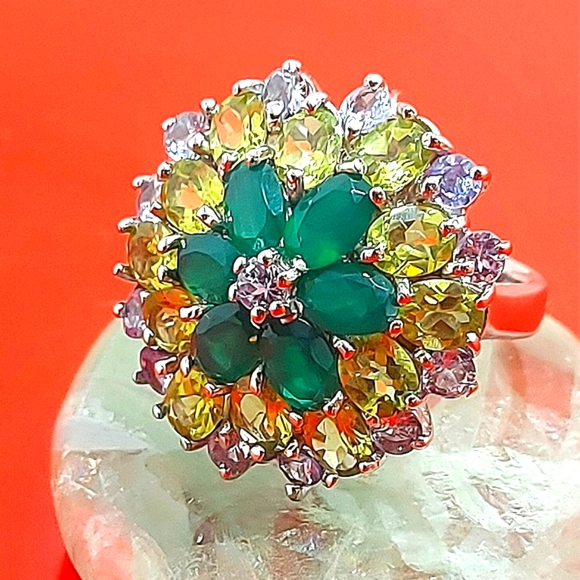Natural Aventurine 6x4mm, Peridot, Tanzanite 925 Sterling Silver Ring Size 6.75 - Picture 2 of 10
